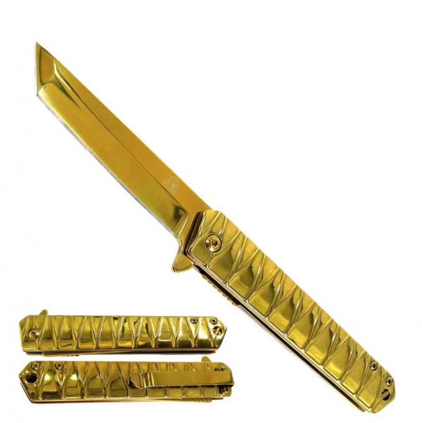 Falcon 7.75" Gold Tanto Blade Spring Assisted Pocket Knife