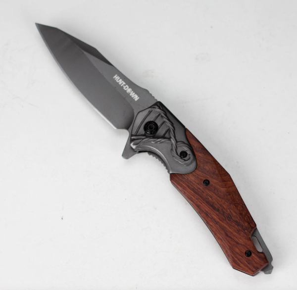 Hunt-Down | 8" Titanium Coated Finish Blade Ball Baring Folding Knife With Leather Sheath [14392]