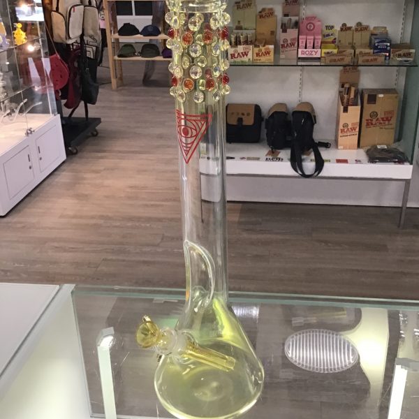 Red Eye Glass 16" Tall Six Ring Blue Beaker Tube W/14mm glass on Glass pull put