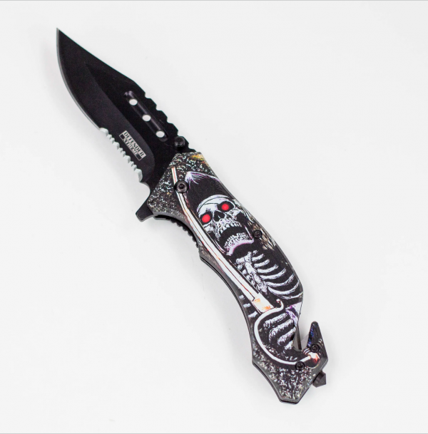 Defender-Xtreme 8″ Glass Breaker Folding Knife [1352x] Sword Skull