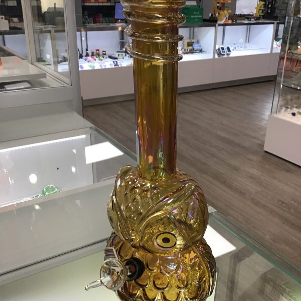 12" Tall Retro Glass Platinum Metallic Owl W/Glow-In-The Dark Wrap & Mouthpiece